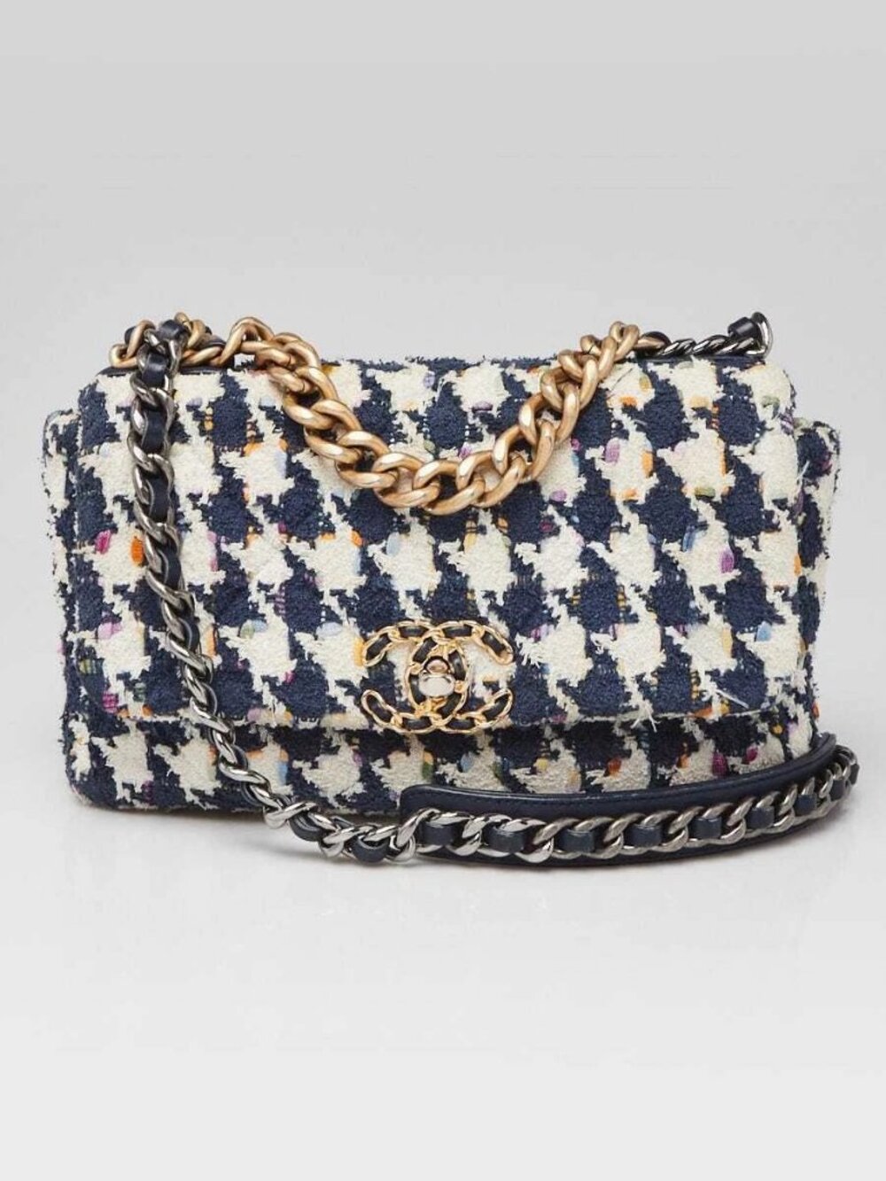 Chanel Blue/White Houndstooth Tweed Chanel 19 Small Flap Bag